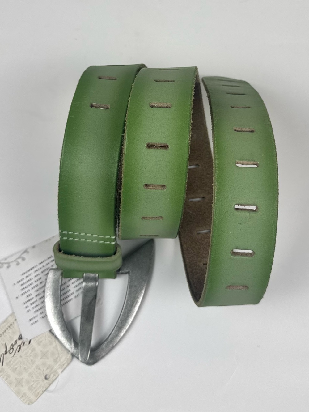 Free People Sage Green Leather Belt with Antiqued Metal Buckle S/M